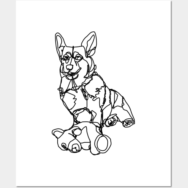 Dog Art Corgi and Toy Line Drawing Wall Art by ellenhenryart